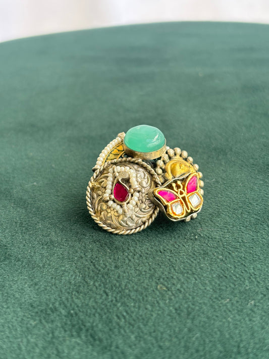 "Adhya" Pachi-Kundan Adjustable Ring