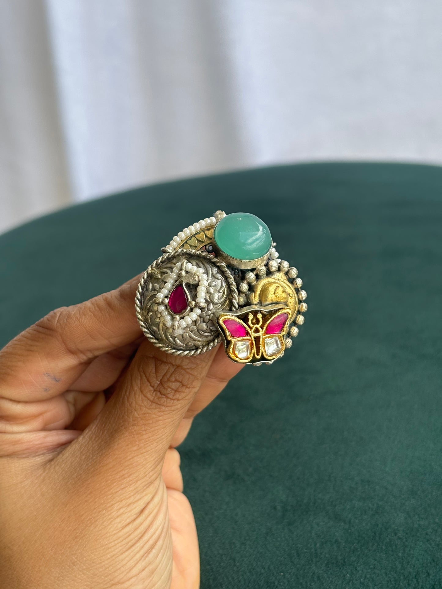 "Adhya" Pachi-Kundan Adjustable Ring