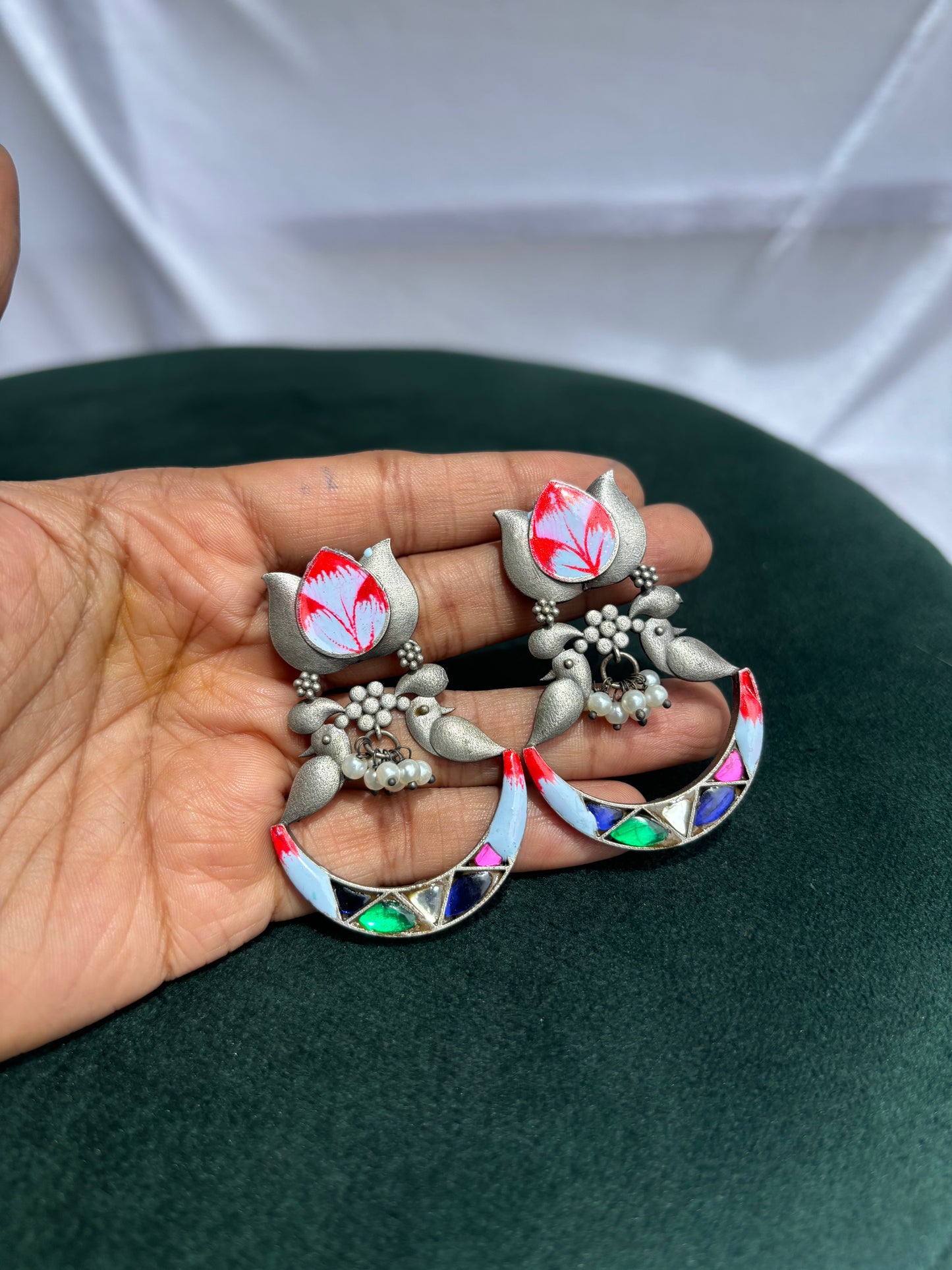 "Ziya" Handpainted Silver Replica Earrings