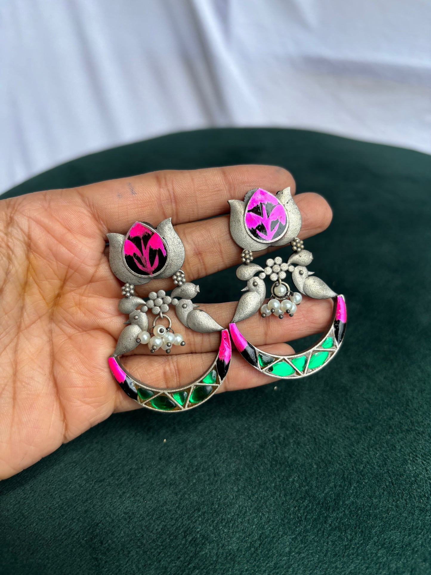 "Ziya" Handpainted Silver Replica Earrings