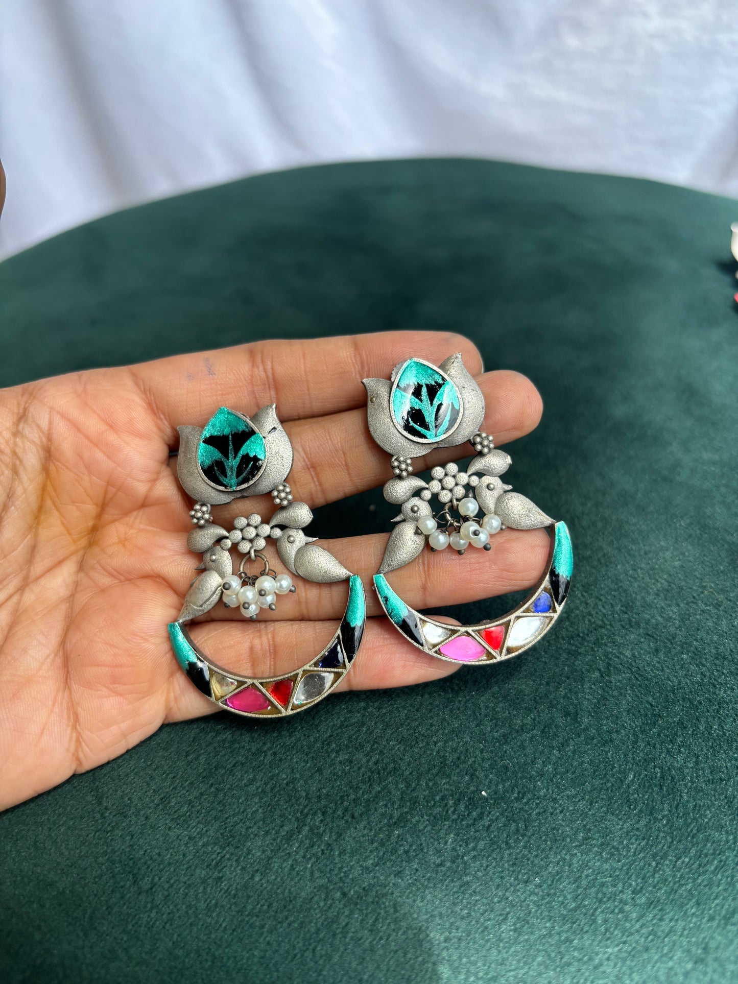 "Ziya" Handpainted Silver Replica Earrings